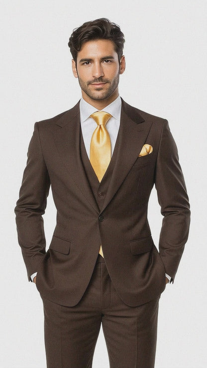 Suits With Baggy Pleated Pants - Wide Leg Pants 100% Wool - Classic Fit in Brown One Button 3 Piece Suit  by Rossiman