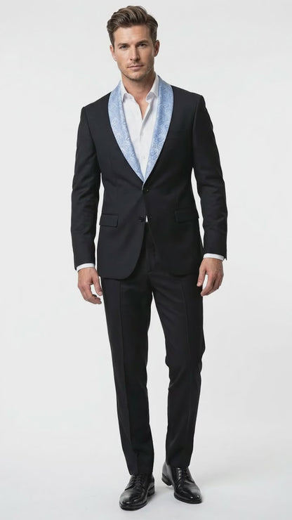 Men’s Black Suit with Light Blue Lapel – Modern Formal Tuxedo Style Suit for Wedding, Prom, Party and Sky Powder Blue Color