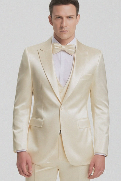 Champagne Satin 3 Piece Slim Fit Tazzio Men's Suit with Peak Lapel Jacket and Double Breasted Vest