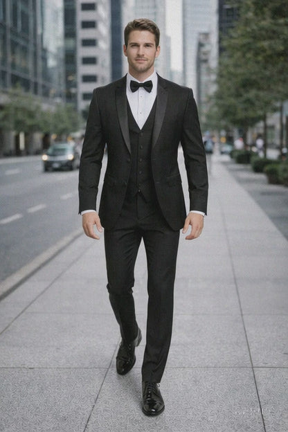 Mens One Button Satin Trim Shawl Tuxedo in Black Wool