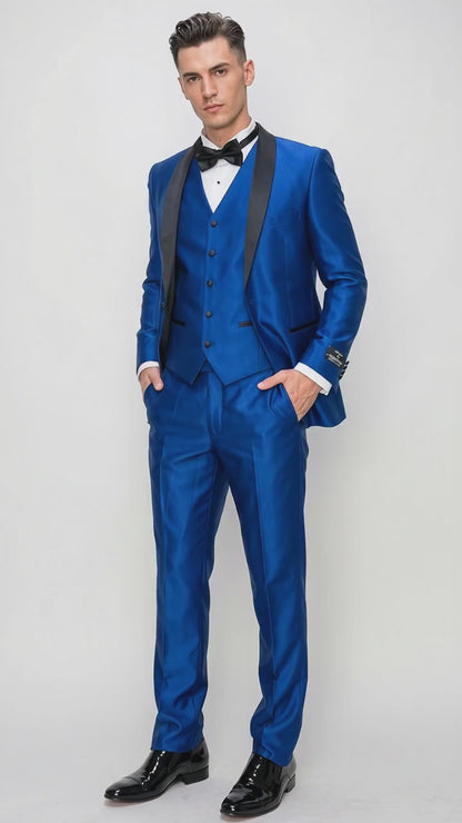 Men’s Shiny Royal Blue 3 Piece Tuxedo – Vested Wedding & Prom Suit with Black Shawl Lapel