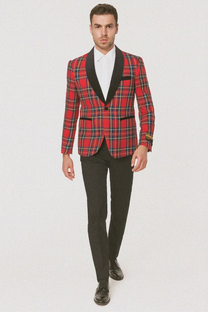 Mens Tartan Plaid Christmas Holiday Blazer in Red