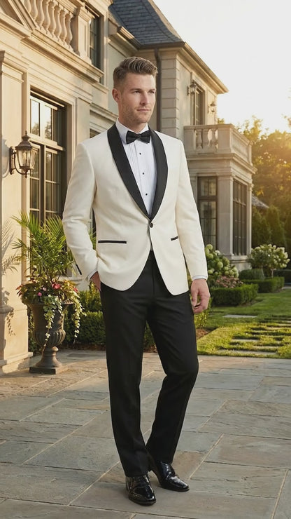 Men’s Ivory Dinner Jacket Blazer with Black Shawl Lapel, Formal Wedding Tuxedo Sport Coat