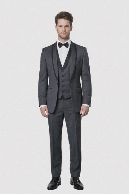Mens Modern Wool Vested Peak Trim Prom Tuxedo in Charcoal Grey