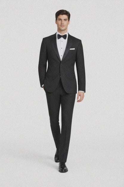Mens Designer Slim Fit One Button Peak Tuxedo in Black - Mens Slim Fitted Tuxedo