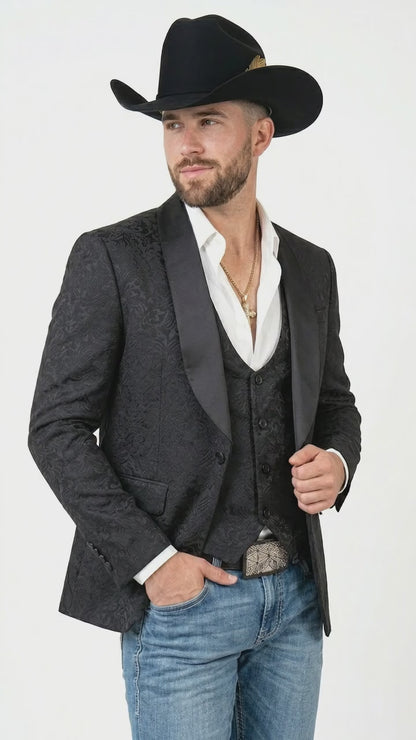 Men’s Black Paisley Jacquard Blazer with Satin Shawl Lapel, Western Formal Designer Jacket