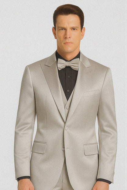 Silver Satin Slim Fit 3 Piece Tazzio Men's Suit with Peak Lapel Jacket  Premium Design