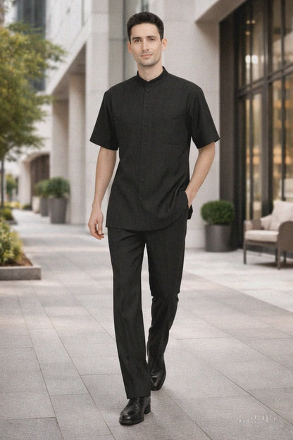 Mens Black Banded Collar Walking Suit Short Sleeve Shirt and Matching Pants Banded Collar Linen Fabric