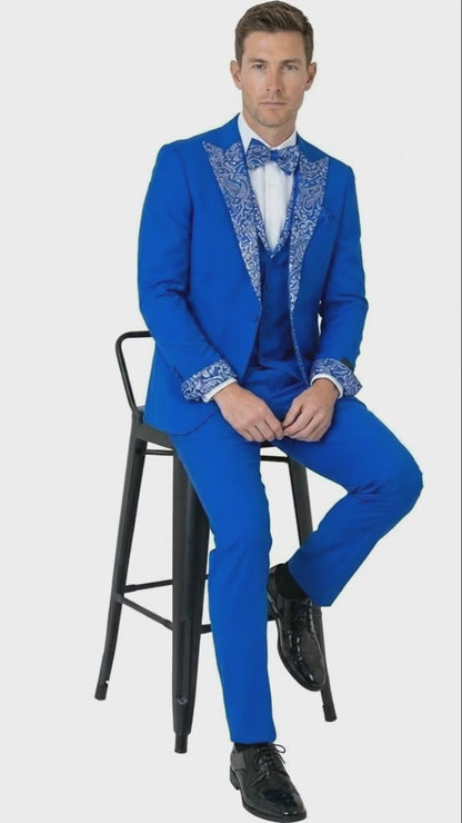 Mens Bright Royal Blue and White lapel  Embellished Tuxedo Suit   3-Piece Formal Wedding, Prom, and Gala Outfit