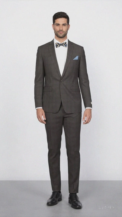 Men's Rossiman Rossi Man Brands Charcoal Plaid Tapered Leg Lower Rise Pants & Get Skinny 1 Button Slim Fit Peak Lapel Suits