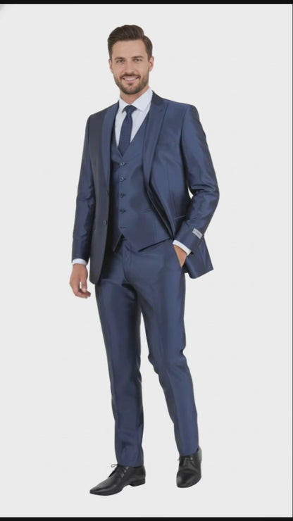 Mens Navy Blue Shiny Finish 3-Piece Suit Set  Premium Tailored Fit Formal Wedding and Party Sateen Slim Fitted Suit