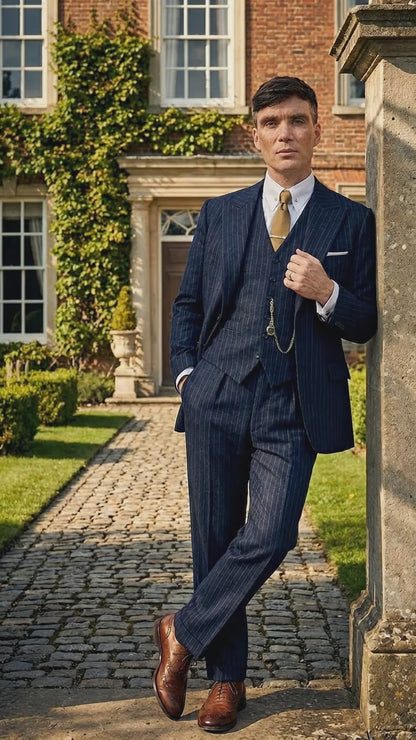 Men’s Navy Blue Pinstripe 3 Piece Suit, Thomas Shelby Inspired Vintage Formal Suit for Weddings, Parties, Prom, and Special Events