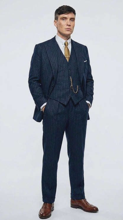 Men’s Navy Blue Pinstripe 3 Piece Suit, Thomas Shelby Inspired Vintage Formal Suit for Weddings, Parties, Prom, and Special Events