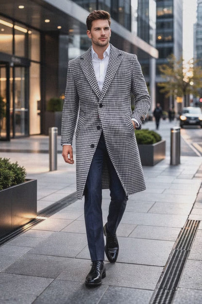 Mens Full Length Wool and Cashmere Overcoat - Winter Topcoats - Black and White Coat