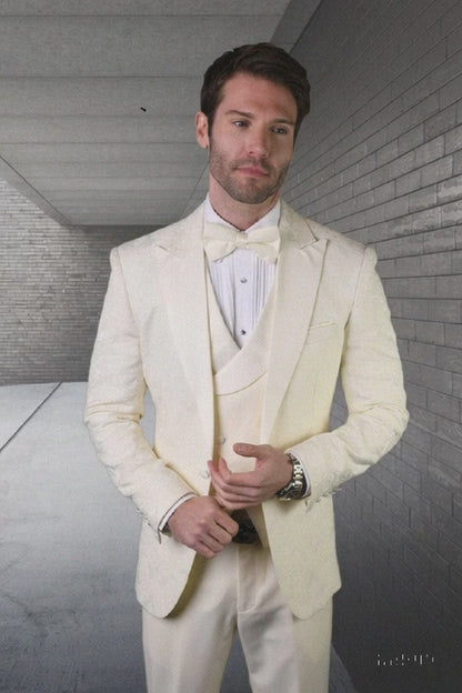 Mens One Button Peak Lapel Paisley Tuxedo in Ivory