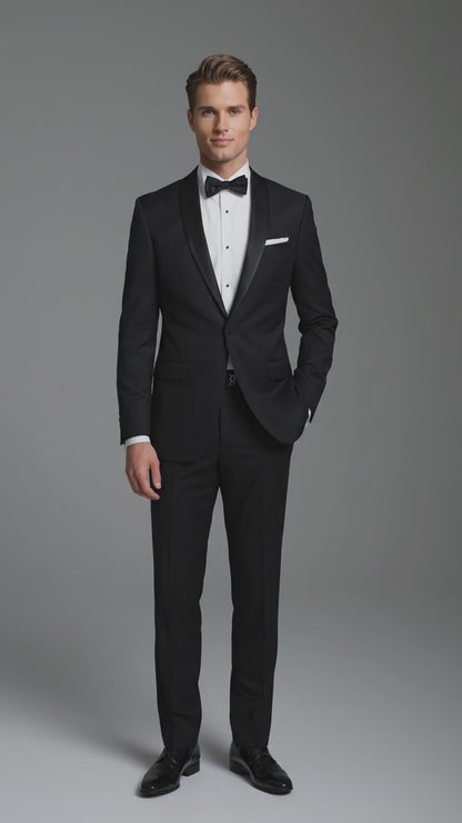 Men’s Black 1 Button Shawl Tuxedo with Black Satin Trim, Formal Wedding Dinner Suit