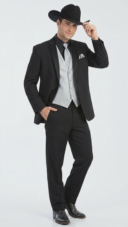 Men’s Black 2 Button Trim Cowboy Suit with Silver Waistcoat, Country Wedding Formal Suit Set