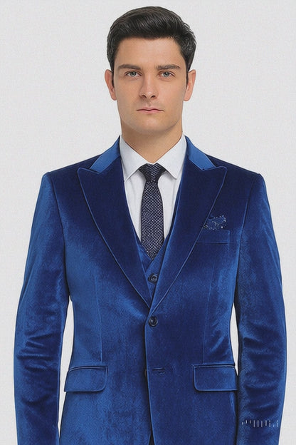 Tazzio Mens Royal Blue Velvet Suit  Designer 2-Piece Slim Fit Peak Lapel Set