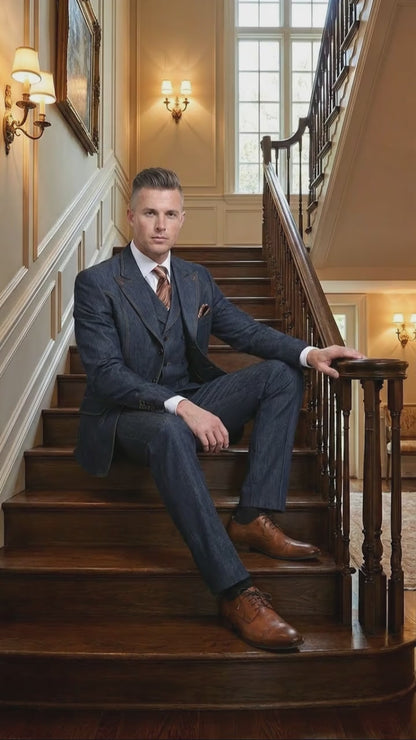 Men’s Dark Denim Blue Fabric Suit – Classic Three Piece Denim Suit for Wedding, Party and Formal Events
