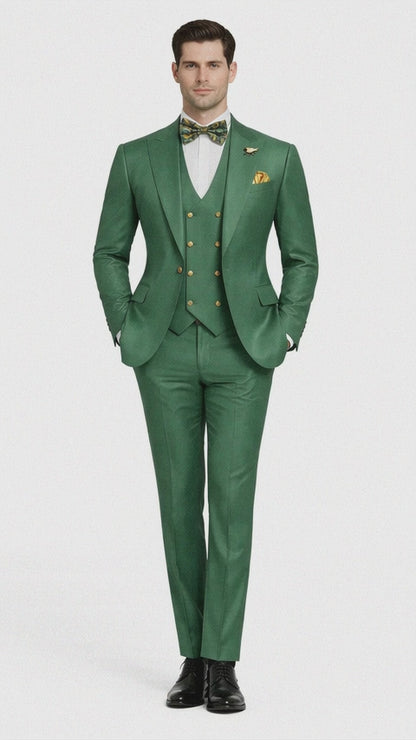 Men??s Green Slim Fit Suit by Rossiman ?? Stylish Double-Breasted Vest & Flat Front Pants