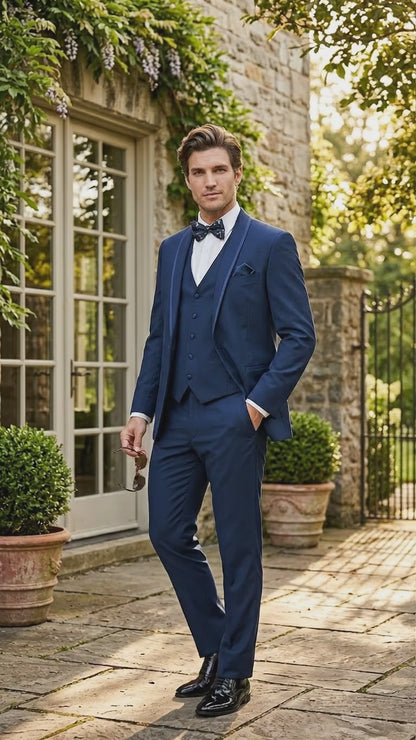 Men’s Sapphire Blue Vested Shawl Lapel Tuxedo with Satin Trim, Formal Wedding Prom Dinner Suit Set