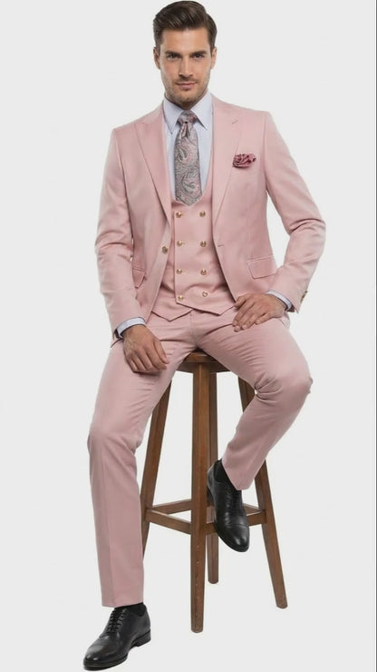 Rossiman Pink Men's Slim Fit Suit Double Brest Vest Flat Front Pants