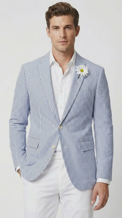 Mens Blue Seersucker Blazer – Lightweight Striped Summer Sport Coat Casual Smart Formal Jacket