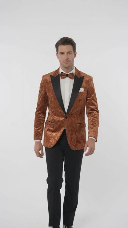 Men’s Burnt Orange Sequin Velvet Blazer – Kingsman Golden Bee Inspired Black Peak Lapel Dinner Jacket