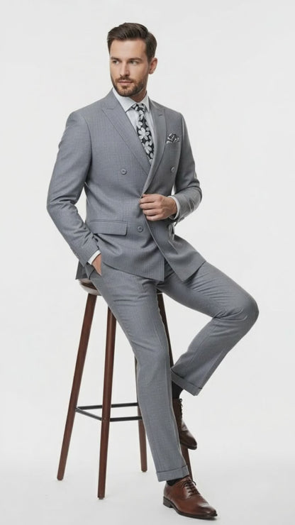 Mens Grey Tone on Tone Double-Breasted Suit  Classic Slim Fit 2 Piece Formal Business Gray Shadow Stripe