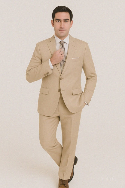 Mens 2 Button Slim Fit Wool Suit With Double Breasted Vest in Tan