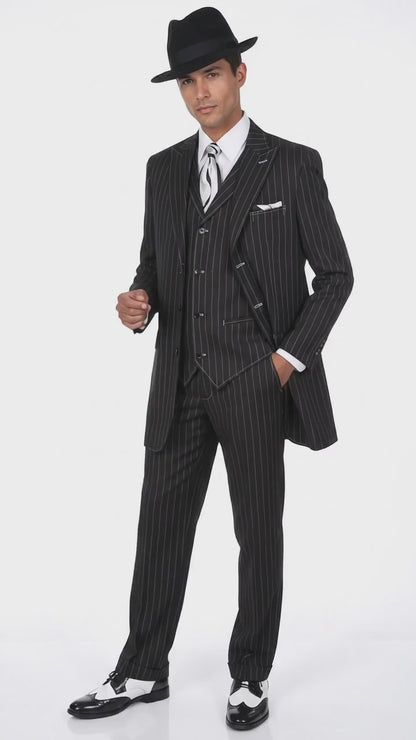 Men’s Black Pinstripe Zoot Suit – 3-Piece Gangster, Formal Suit 1920s Pimp Suit