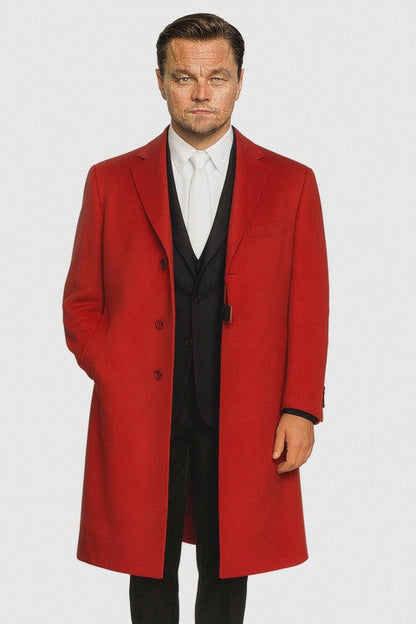 Men's Three Buttons Red Wool Fabric Overcoat / Long men's Dress Topcoat - Winter coat