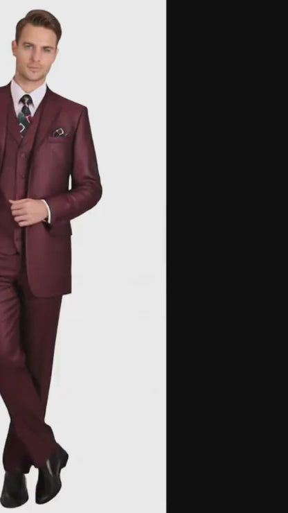 Mens Burgundy 3-Piece Suit  Burgundy Three Buttons Vested Suit - Pleated Pants Classic Fit Athletic Cut