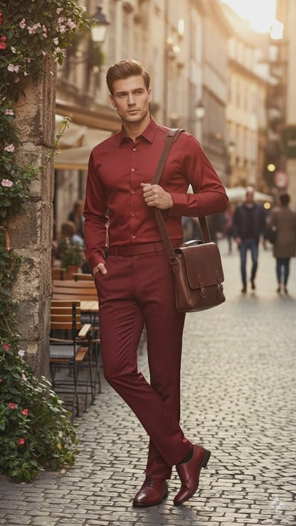 Mens Red Satin Dress Shirt  Luxury Long Sleeve Formal Shirt for Parties, Weddings, and Business Wear