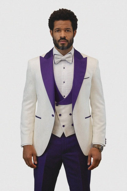 Hilton White and Purple Paisley Peak Lapel Tuxedo Jacket with Matching Shawl Vest and Wool Pants  Includes Bow Tie
