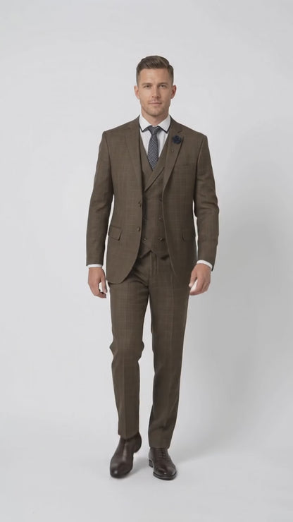 Men’s Taupe Brown Plaid 3 Piece Suit, Double Breasted Vest V2RW-13 Formal Wedding Suit