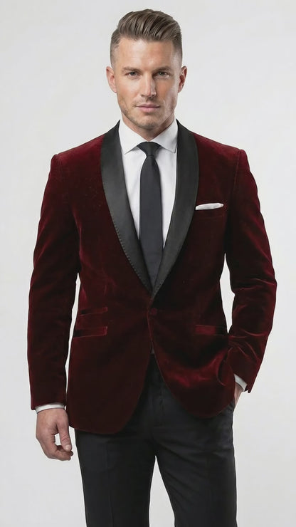 Men's One Button Velvet Shawl BMen’s Burgundy Velvet One Button Tuxedo Jacket, Black Shawl Collar Formal Dinner Blazer for Weddings, Prom, Parties, and Special Occasionsurgundy Collar Tuxedo Jacket