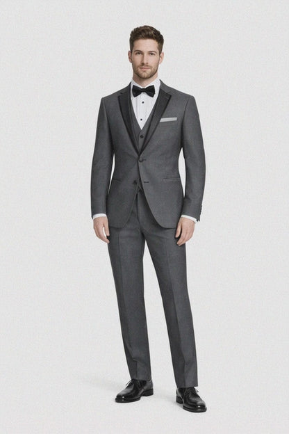 Mens Vested Slim Fit Two Button Trim Notch Tuxedo Charcoal - Mens Slim Fitted Tuxedo