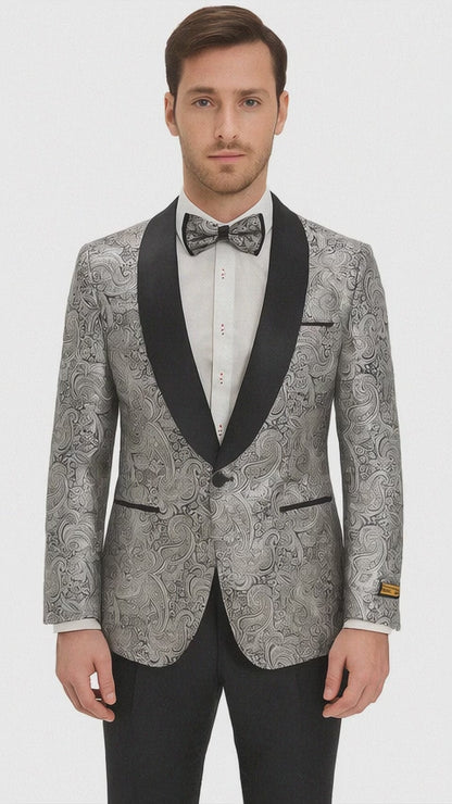 Mens Formal Silver Paisley Shawl Dinner Jacket