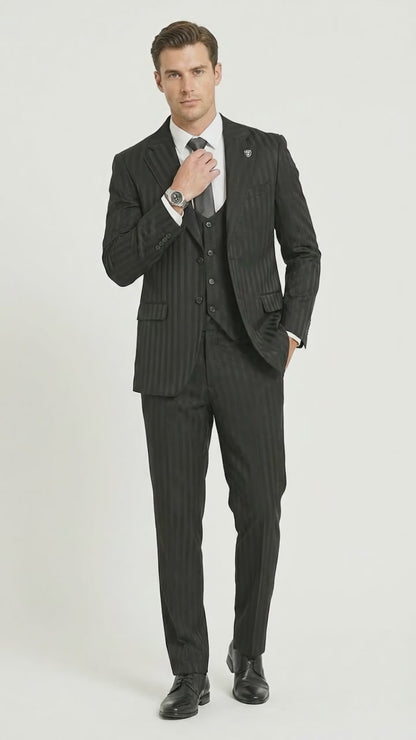 Men’s Black Pinstripe 3 Piece Suit – Vested Formal Business Suit for Wedding, Office, Prom and Party Wear