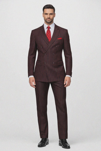 Black and Red Pinstripe Double breasted Suit - 100% Wool Modern Fit Side Vents by Statement brand