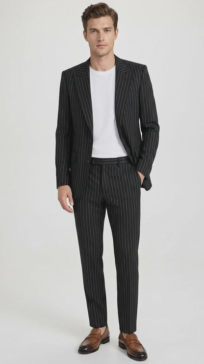 Men’s Black Pinstripe 2-Piece Tuxedo Suit – Two-Button Jacket and Matching Formal Pants