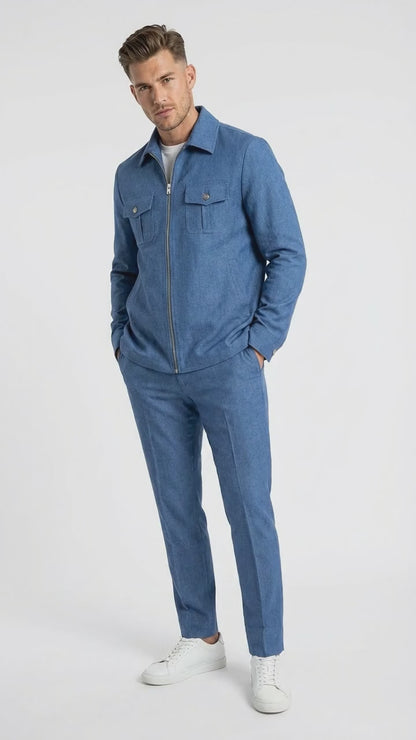 Mens Light Blue Walking Suit Set – Safair Military Casual Jacket and Pants Outfit for Travel, Vacation, Streetwear