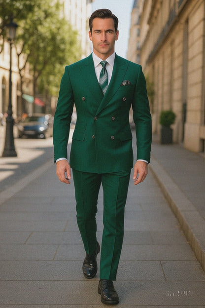 Mens Designer Modern Fit Double Breasted Wool Suit with Gold Buttons in Hunter Green