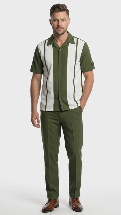 Men’s Olive Green and White Walking Suit – 2-Piece Short Sleeve Casual Leisure Outfit