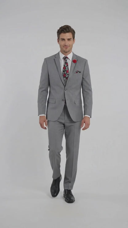 Men’s Grey Trim Tuxedo Suit – Vested Wedding, Prom and Formal Suit with Black Lapel Accents