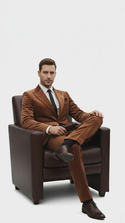 Mens Brown Velvet 2-Piece Suit  Luxury Slim Fit Formal Blazer and Pants Set in Rust Copper Color