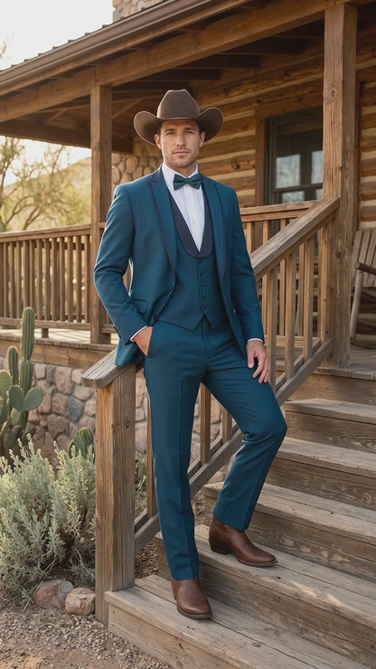Men’s Teal Blue Western Tuxedo Suit, 3 Piece Cowboy Formal Wedding Prom Suit with Black Shawl Lapel Saphire