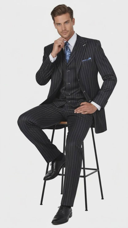 Men's Three Button Suits -  Navy Blue Pinstripe Three-Piece Suit – Classic Business and Formal Wear with Tailored Fit