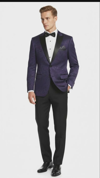 Mens Purple Paisley Tuxedo Jacket  Ultra Slim Fit Dinner Blazer with Black Satin Peak Lapel